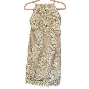 NWT Kim Cine Gold Lace Floral Backless Dress Women's S Wedding Formal Prom Dance